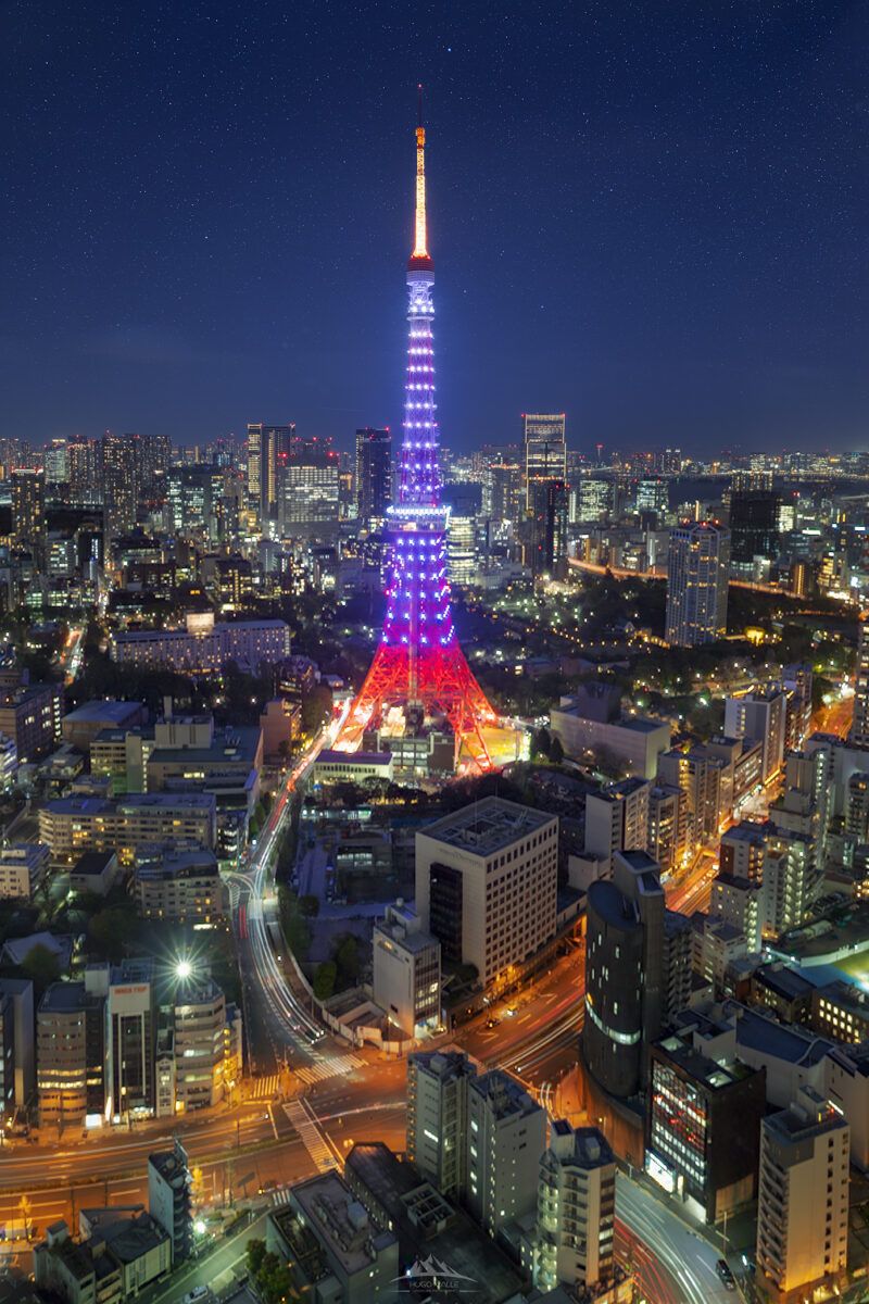Fotografía en picado de la Torre de Tokio iluminada de noche en colores rojo y blanco, rodeada de rascacielos y calles con luces de tráfico en movimiento bajo un cielo nocturno estrellado.