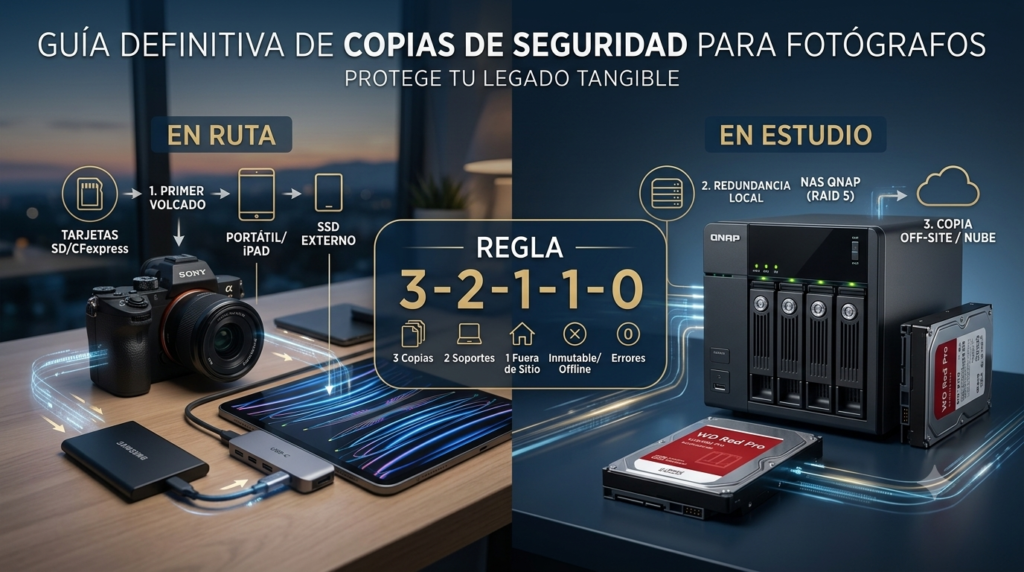 nfografía detallada de la "Guía Definitiva de Copias de Seguridad para Fotógrafos". La imagen está dividida en dos secciones principales sobre un fondo de estudio: "En Ruta" a la izquierda y "En Estudio" a la derecha. La sección "En Ruta" muestra equipo fotográfico (cámara Sony, iPad Pro, SSD externo) y el flujo de datos "1. Primer Volcado" desde las tarjetas SD al SSD a través del iPad. La sección "En Estudio" muestra un servidor NAS de QNAP (4 bahías) activo con discos duros WD Red Pro expuestos, ilustrando el flujo "2. Redundancia Local (RAID 5)" y "3. Copia Off-site / Nube". Un recuadro central grande explica la "Regla 3-2-1-1-0" con íconos para 3 copias, 2 soportes, 1 fuera de sitio, 1 inmutable/offline y 0 errores. El título principal es "GUÍA DEFINITIVA DE COPIAS DE SEGURIDAD PARA FOTÓGRAFOS" con el subtítulo "PROTEGE TU LEGADO TANGIBLE". El estilo es fotográfico realista y profesional con superposiciones de infografía claras.