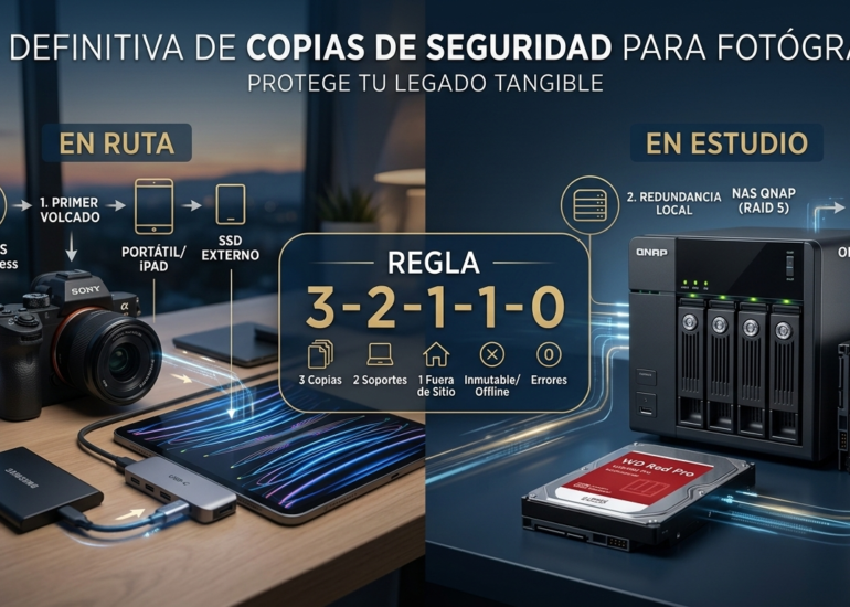 nfografía detallada de la "Guía Definitiva de Copias de Seguridad para Fotógrafos". La imagen está dividida en dos secciones principales sobre un fondo de estudio: "En Ruta" a la izquierda y "En Estudio" a la derecha. La sección "En Ruta" muestra equipo fotográfico (cámara Sony, iPad Pro, SSD externo) y el flujo de datos "1. Primer Volcado" desde las tarjetas SD al SSD a través del iPad. La sección "En Estudio" muestra un servidor NAS de QNAP (4 bahías) activo con discos duros WD Red Pro expuestos, ilustrando el flujo "2. Redundancia Local (RAID 5)" y "3. Copia Off-site / Nube". Un recuadro central grande explica la "Regla 3-2-1-1-0" con íconos para 3 copias, 2 soportes, 1 fuera de sitio, 1 inmutable/offline y 0 errores. El título principal es "GUÍA DEFINITIVA DE COPIAS DE SEGURIDAD PARA FOTÓGRAFOS" con el subtítulo "PROTEGE TU LEGADO TANGIBLE". El estilo es fotográfico realista y profesional con superposiciones de infografía claras.