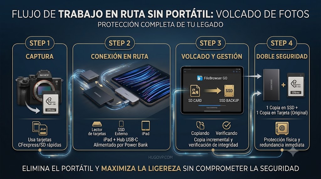 Diagrama de flujo de trabajo en ruta para fotógrafos sin portátil, mostrando el volcado secuencial de fotos desde la cámara al SSD.