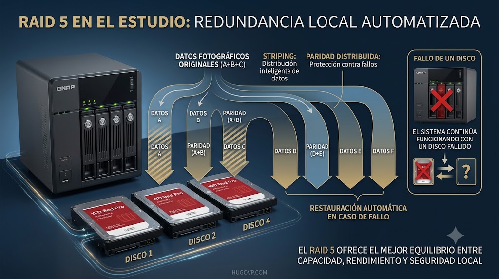 Ilustración conceptual de RAID 5 en un NAS QNAP, explicando la distribución de datos (striping) y paridad para la redundancia local automática.
