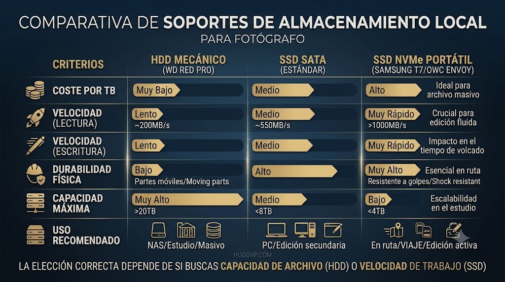 Tabla comparativa de soportes de almacenamiento local para fotógrafos: HDD Mecánico, SSD SATA y SSD NVMe, con criterios técnicos.