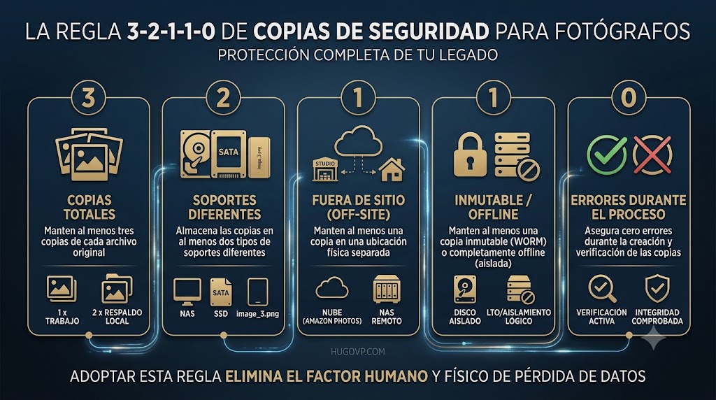 Infografía detallada de la regla 3-2-1-1-0 para copias de seguridad para fotógrafos con paneles técnicos en español.