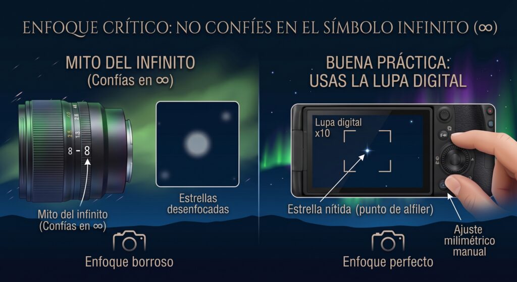 Técnica de enfoque manual con lupa digital para astrofotografía y cielos estrellados.