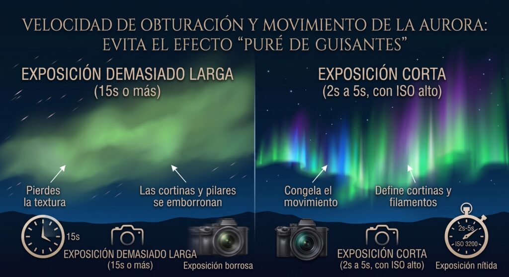 Comparativa visual de velocidad de obturación y tiempo de exposición al capturar auroras.
