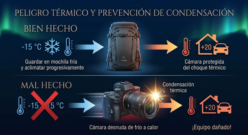 Prevención de condensación y choque térmico en cámaras fotográficas durante expediciones invernales.