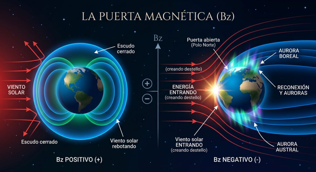 Esquema científico del componente Bz y el viento solar para fotografiar auroras boreales